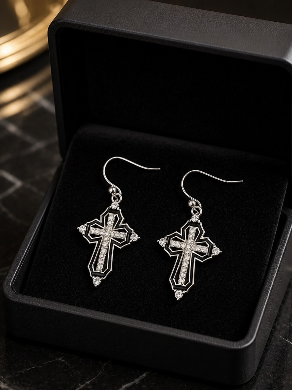 Gothic Black & Silver Cross Drop Earrings - hypoallergenic hooks
